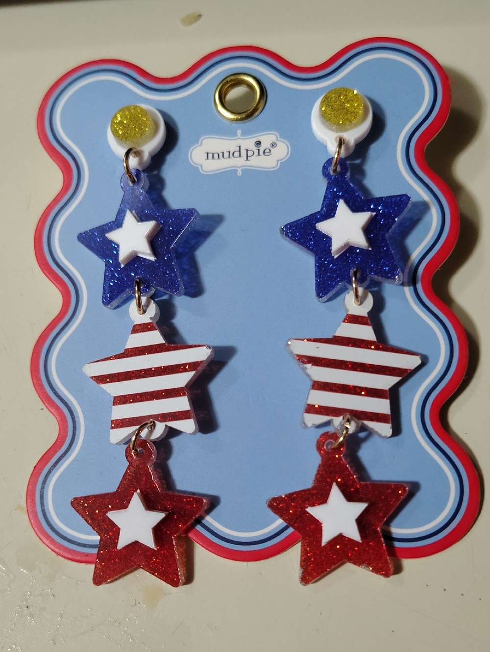 Mud Pie Patriotic Glitter Star Dangle Earrings - Red, White, Blue